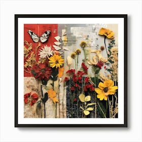 Collage Of Flowers And Butterflies, Design An Eclectic Collage With A Combination Of Fabric Swatches Dried Flowers Art Print