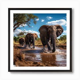 Elephants Crossing A River Art Print