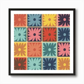 Retro Abstract 70s Flowers Squares Art Print