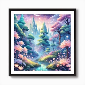 A Fantasy Forest With Twinkling Stars In Pastel Tone Square Composition 208 Art Print