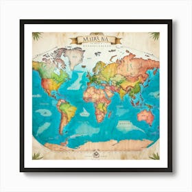 Detailed World Map Watercolor Style Continents And Oceans Outlined With Precision Geographic Land (5) Art Print