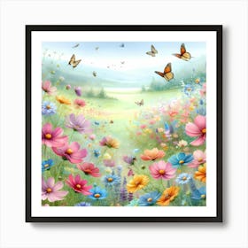 Colorful Flowers And Butterflies Art Print