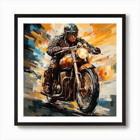 Vintage Motorcycle Wall Art – Dynamic Rider Illustration – Retro Speed Canvas Print – Vibrant Orange and Blue Decor – Perfect Gift for Motorbike Enthusiasts – Man Cave Accent Art Print