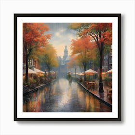 Amsterdam cafes, autumn season, rain, autumn oil colours.Faded colours,People passing on the street, winter clothes, rain umbrellas.5 Art Print