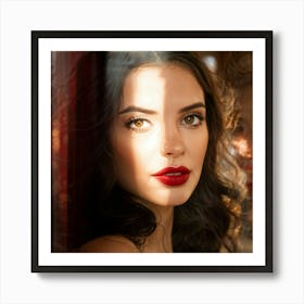 Woman With Brown Eyes And Red Lips Against A Rosy Background Caught In A Peering Gaze Through A Gla Art Print