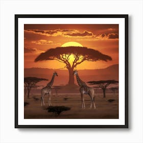 Giraffes At Sunset Art Print