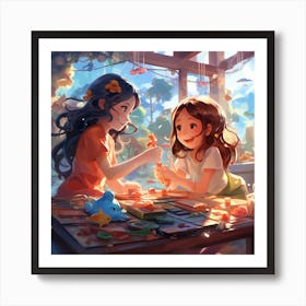 Two Girls Playing With Toys Anime 1 Art Print