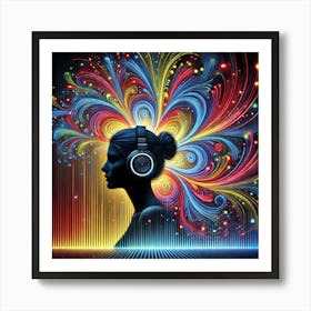 Vibrant Music Energy Wall Art: An Abstract Silhouette of a Woman with Headphones and Dynamic Soundwaves for Bold and Modern Home Decor Print Art Art Print