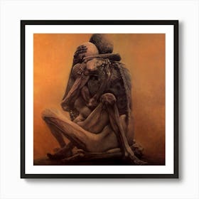 Zdzislaw Beksinski Skeletons Embracing | Oil on Panel Skull Gothic Dark Aesthetic Wall Art | Macabre Skeleton Couple Romantic Valentines HD Remastered Art Print