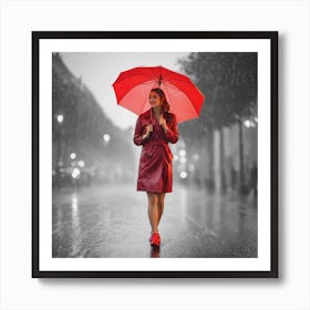 Woman In Red Coat Walking In Rain Art Print