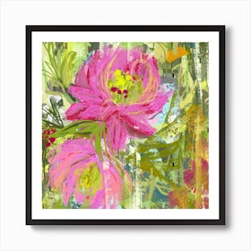 Grunge Style Roses Pink With Olive Green Oil Paint Art Print