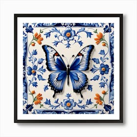 Delft Tile Butterfly in Blue I Art Print