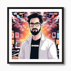 Create A Vivid Image Of A Man Standing In Front Of A Computer, Holding A Keyboard And Mouse 2 Art Print