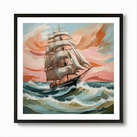 Abstract Sailing Ship On Big Waves In Pale Blue Ocean With Shade Of Burnt Sienna In The Water Art Print