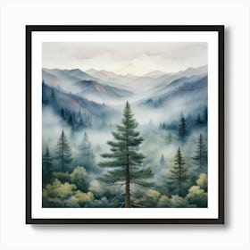 Appalachian Mountains of Misty Pines, Watercolor Print of Evergreen Forest 27 1 Art Print