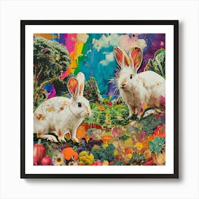 Rabbits Munching On Vegetables In The Field Kitsch Collage 2 Art Print