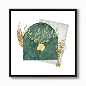 Letter envelope with golden key feather pen Art Print