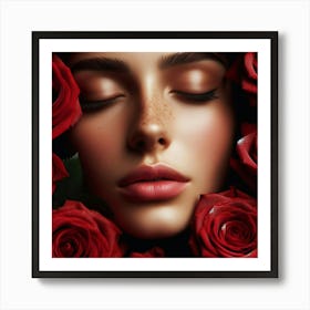 Beautiful Woman With Red Roses Art Print