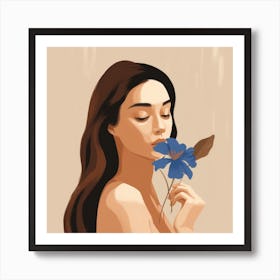 Girl Smelling Blue Flower Art Print