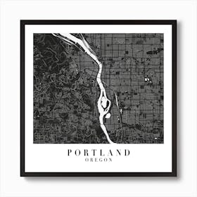 Portland Oregon Minimal Black Mono Street Map  Square Art Print