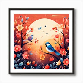 A Bright Toned Design With Flowers And Leaves Trees And Birds A Beautiful And Simple Picture Bird In The Flower 1 Art Print