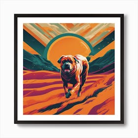 An Image Of A Dog Walking Through An Orange And Yellow Colored Landscape, In The Style Of Dark Teal (5) Art Print