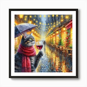 Cat Drinking Wine In The Rain 11 Art Print