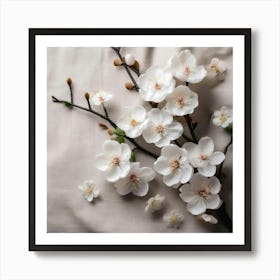 Firefly Plum Blossoms Scattered Across A Soft Linen Textured Canvas, With Simple Branches In Matte B (4) Art Print