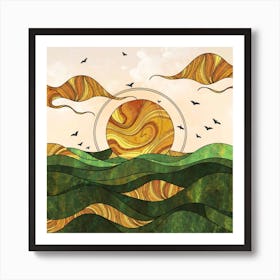 Straight and broken flowing lines and tree shapes, gold, sage, orange, lemon and brown calligraphy drawing in the form of a tropical ocean. 3 Art Print