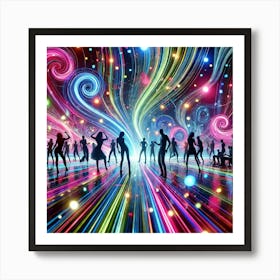 Neon Dance Vibes: A Lively Scene of Dancers and Swirling Colors Capturing the Energy of a Party Art Print