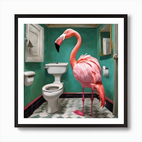 Flamingo In Bathroom 1 Art Print