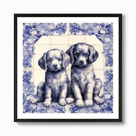 Puppies Dog Delft Tile Illustration 4 Art Print