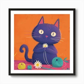 Cat With Yarn And Flowers Art Print