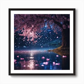 Midnight Cherry Blossom Petals on the Lake Art Print