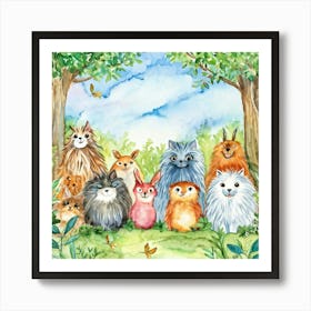 Watercolor Illustration Of A Congregation Of Friendly Fluffy Creatures Each Exhibiting Unique Fur Art Print