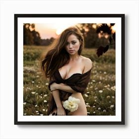 Spring Nymph Dryad Fantasy Woman Elven Beautiful Girl In A Field Covered With Leaves And Flowers Brunette Blonde Art Print