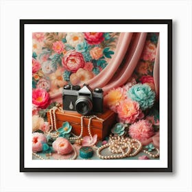 Vintage Camera With Flowers And Pearls Art Print