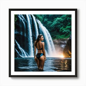 Woman Standing In Front Of A Waterfall fh Art Print