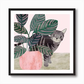 Tabby Cat And Calathea Square Art Print