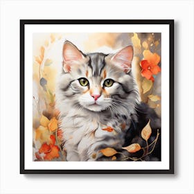 Cat In Autumn Leaves Art Print