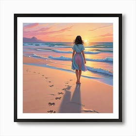 Alone Girl At Beach Ocean With Sunset Art Print (1) Art Print