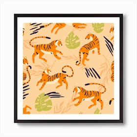 Tiger Pattern On Beige With Tropical Decoration Square Art Print