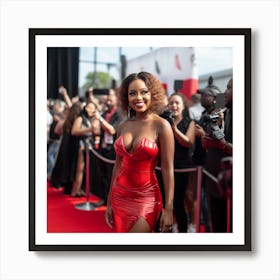 A Black Woman Voluptuous Sexy Wearing Red Latex Dress Long Hair Big Smile on the Red Carpet - Created by Midjourney Art Print