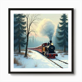 Vintage Train Journey Through A Peaceful Watercolor Winter Forest 1 Art Print