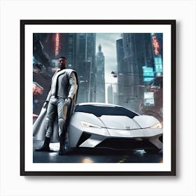 Futuristic Man Standing Next To Futuristic Car Art Print