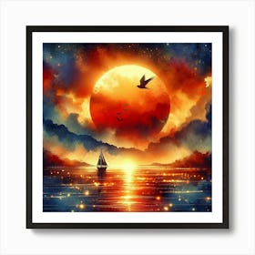 Sunset With Sailboat Art Print