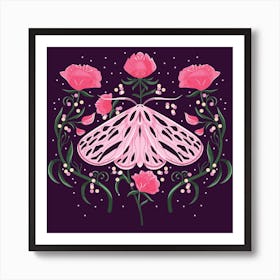 Pink Moth On Deep Purple With Flowers Square Art Print