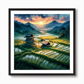 Beautiful views of rice fields, close to the river and surrounded by mountains, 20 Art Print