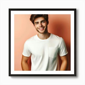 Generated Image of an Attractive Young Man with Light Brown Hair and Blue Eyes Wearing a White T-Shirt, Looking at the Camera with a Smile on His Face Art Print