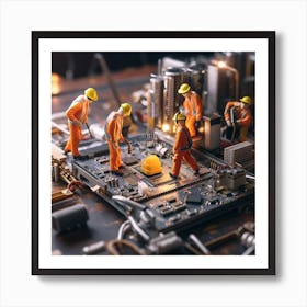 Miniature Construction Workers On A Computer Motherboard Art Print